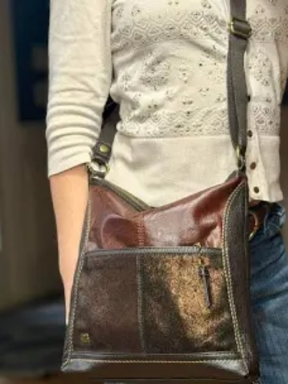 The Sak Two-Tone Brown Leather Crossbody with Dark Trim